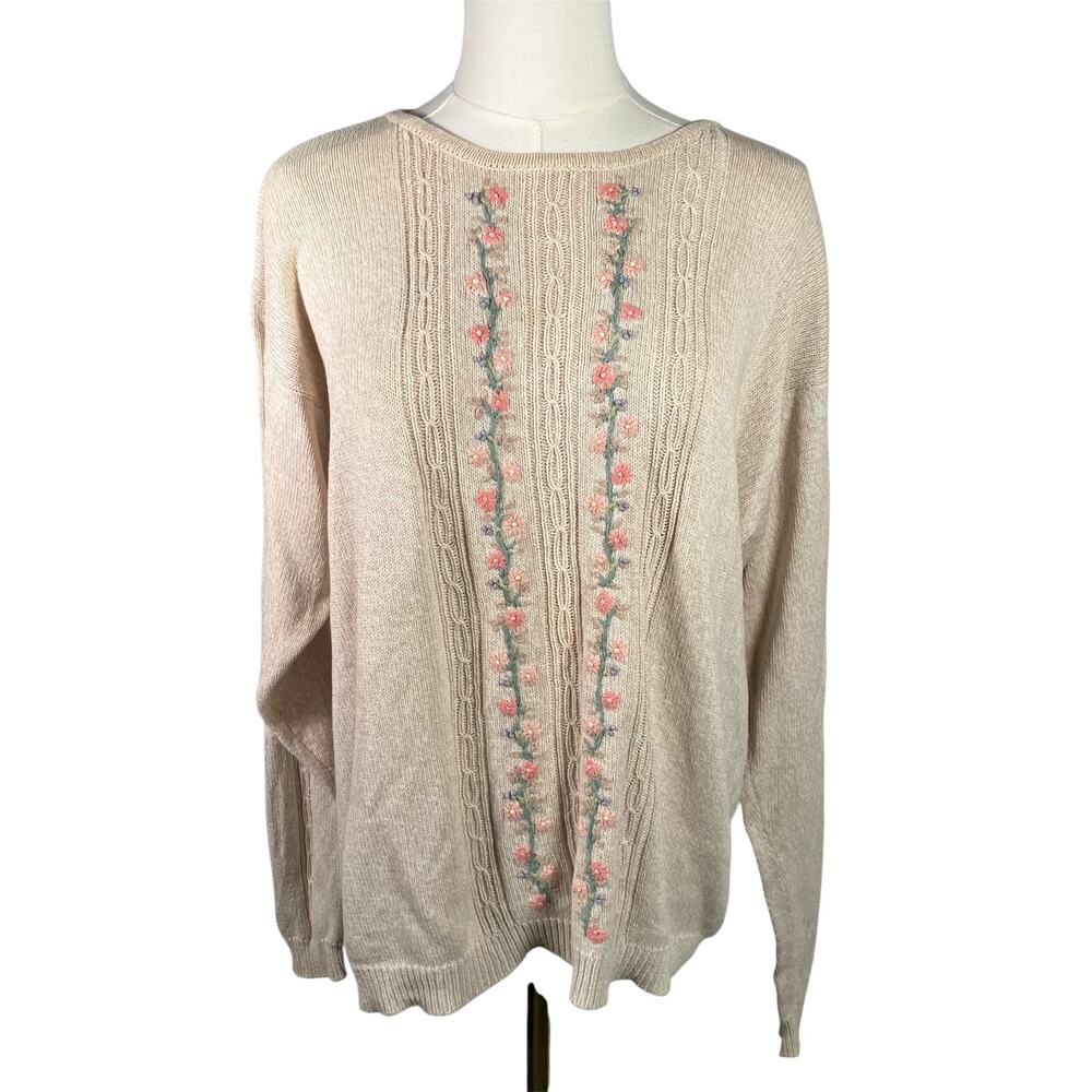 Cottage Essentials Embroidered Floral Sweater‎ Beige Ramie Cotton M Vintage